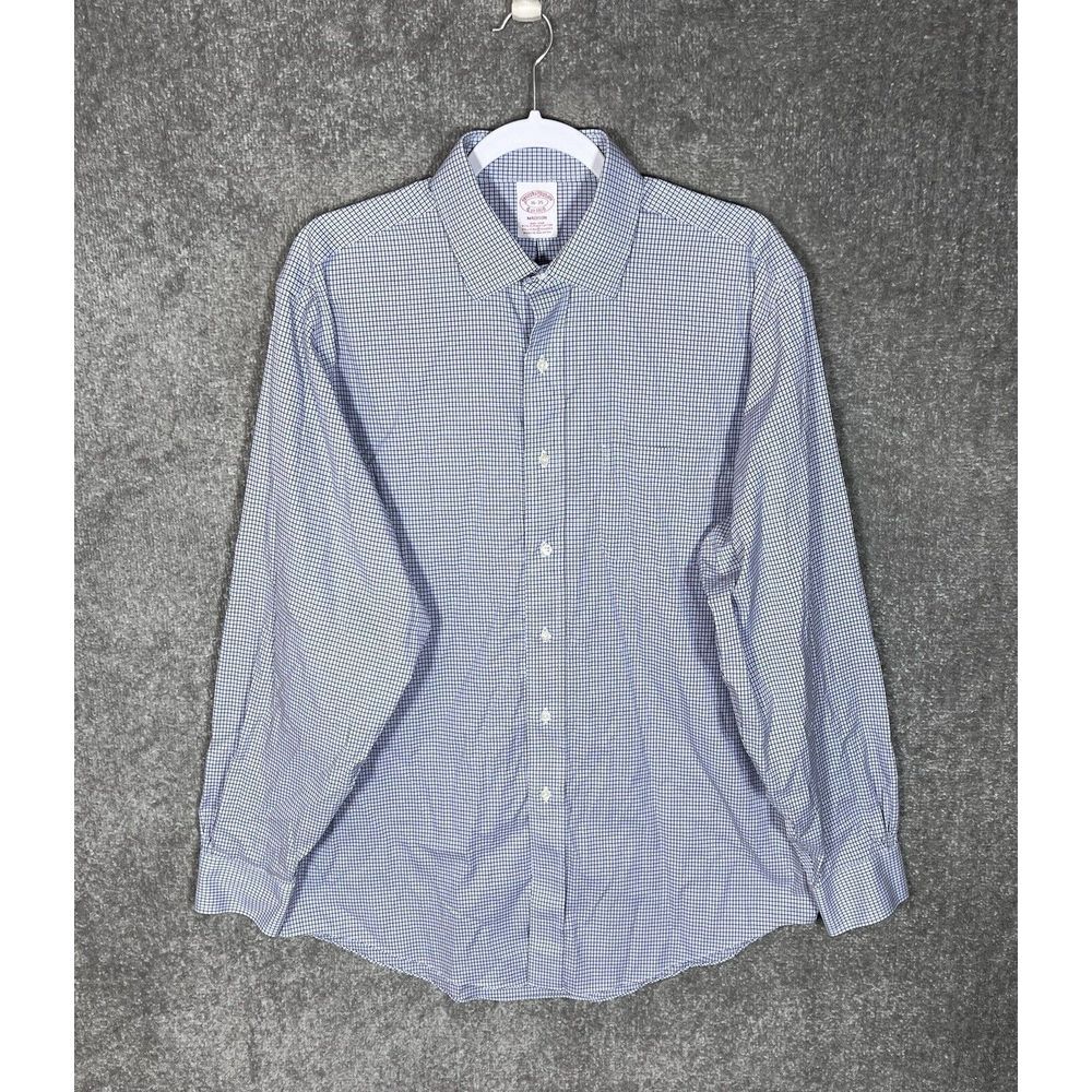 Brooks Brothers Madison Button Up Shirt Men Size 16-35 Blue Plaid Stretch Pocket